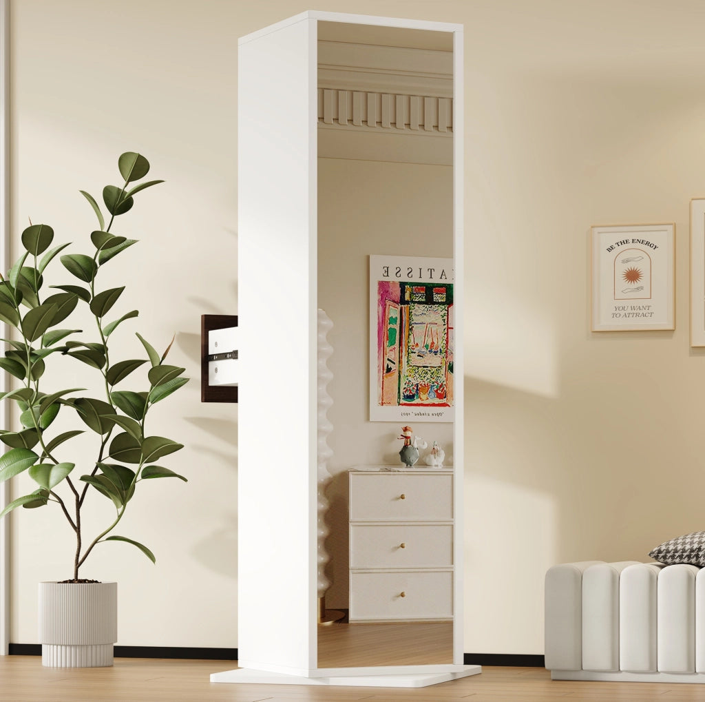 Armadio contenitore girevole con specchio 45x45x168 cm in MDF bianco salvaspazio
