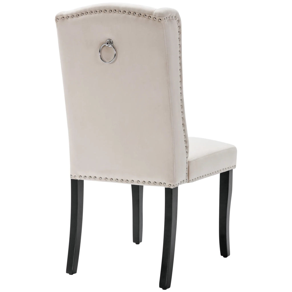 Set 2 Sedie da Pranzo in Velluto Beige con Gambe in Quercia, Bottoni e Borchie Cromate, per Soggiorno e Camera