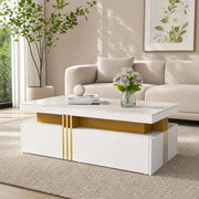 Tavolino da salotto moderno rettangolare 100x50x40 cm bianco lucido con 2 cassetti