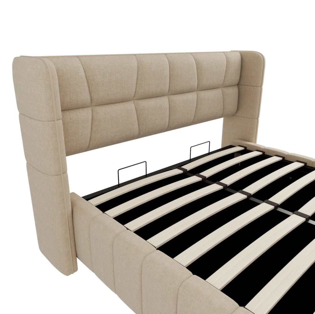 Letto imbottito 140x200 cm con contenitore e struttura in lino beige