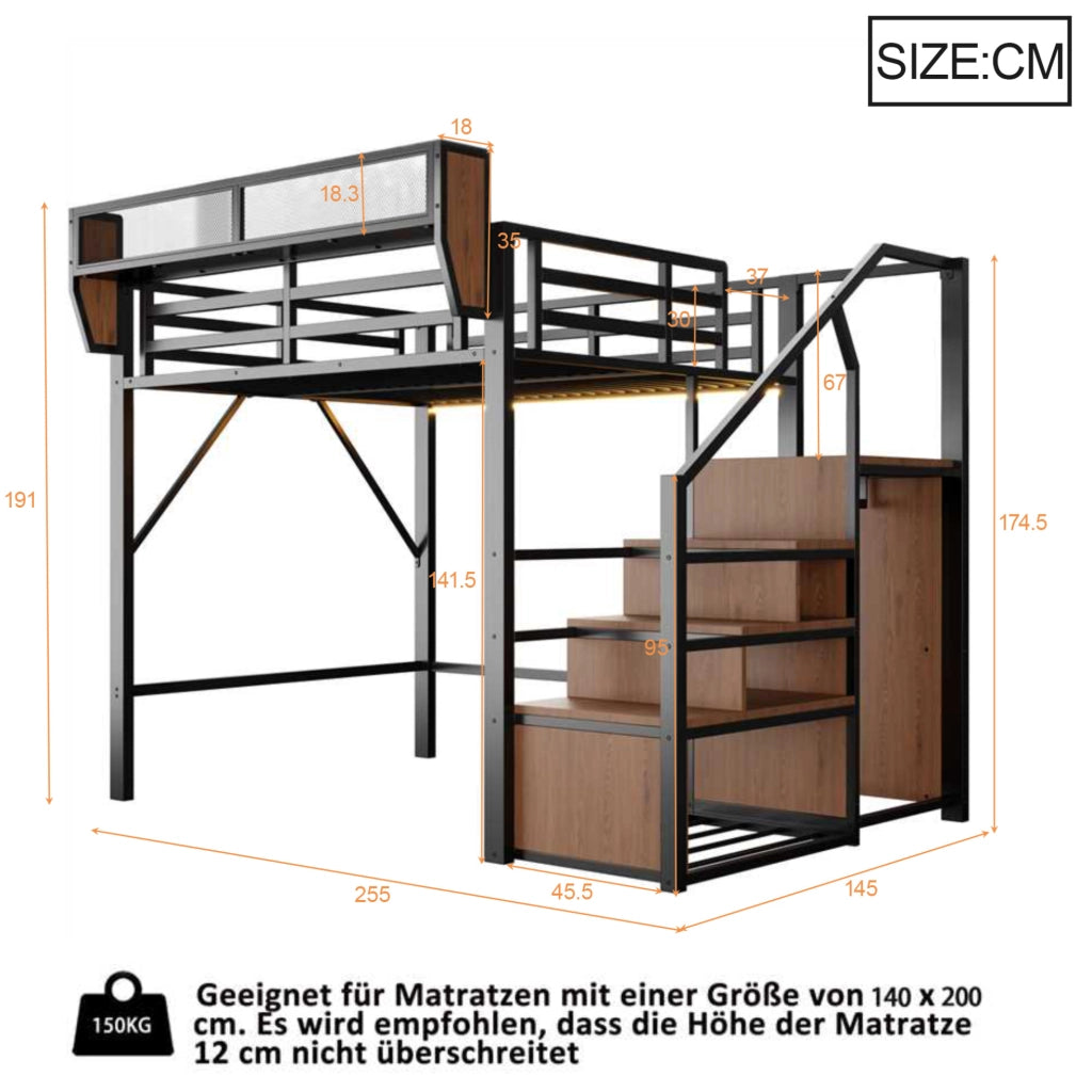 Letto a soppalco 140x200 cm in metallo con LED; scala di sicurezza e ripiani; nero