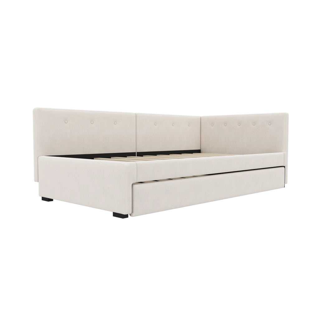 Divano letto singolo 90x200 cm con letto estraibile 90x190 cm; velluto beige; rete a doghe e testiera