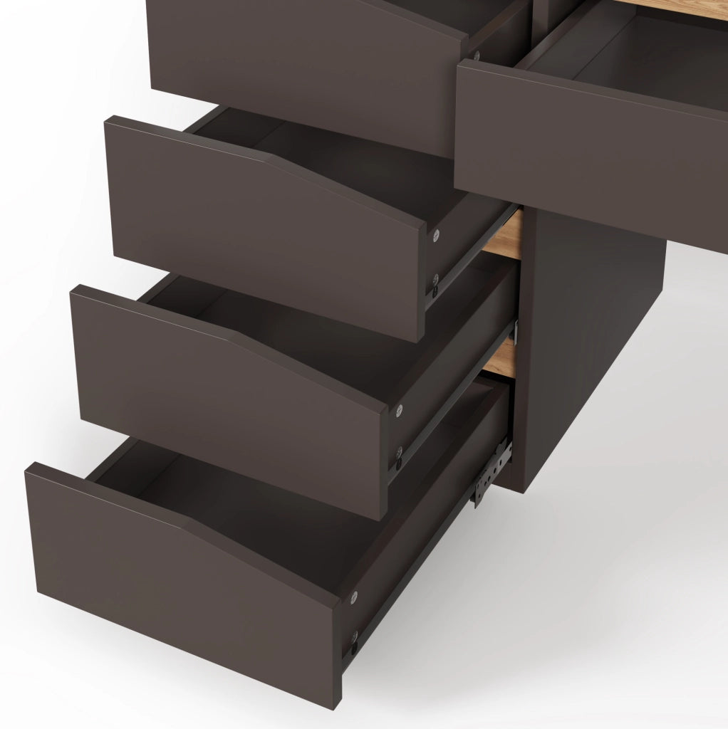 Scrivania 140x50 cm con 5 cassetti; grigio ed effetto rovere; in MDF