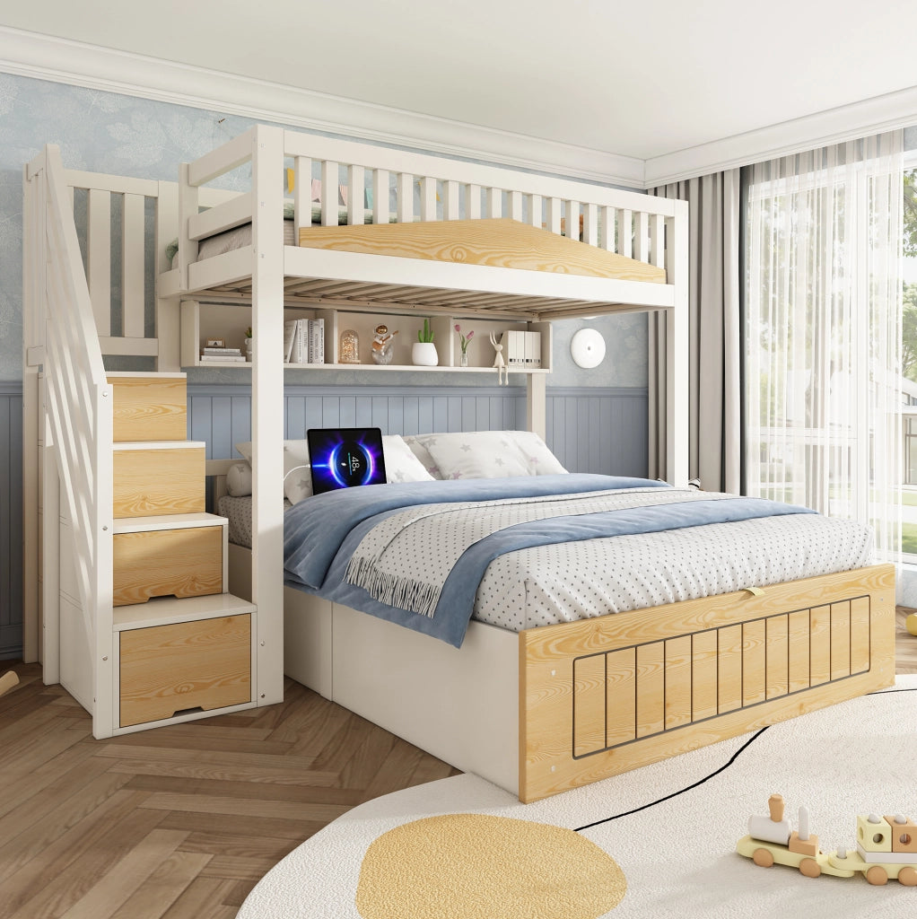 Letto a castello sfalsato in legno 90x200 & 140x200 cm con spazio idraulico, armadio a gradini, corrimano di sicurezza e USB-C, bianco e naturale, senza materasso