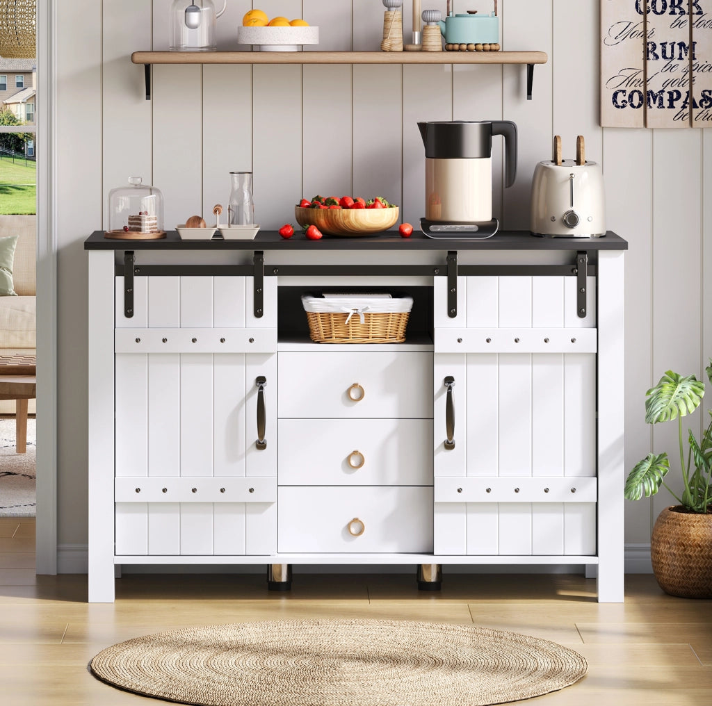 Sideboard bianco in legno rustico con 2 ante scorrevoli e 3 cassetti, larghezza 120 cm