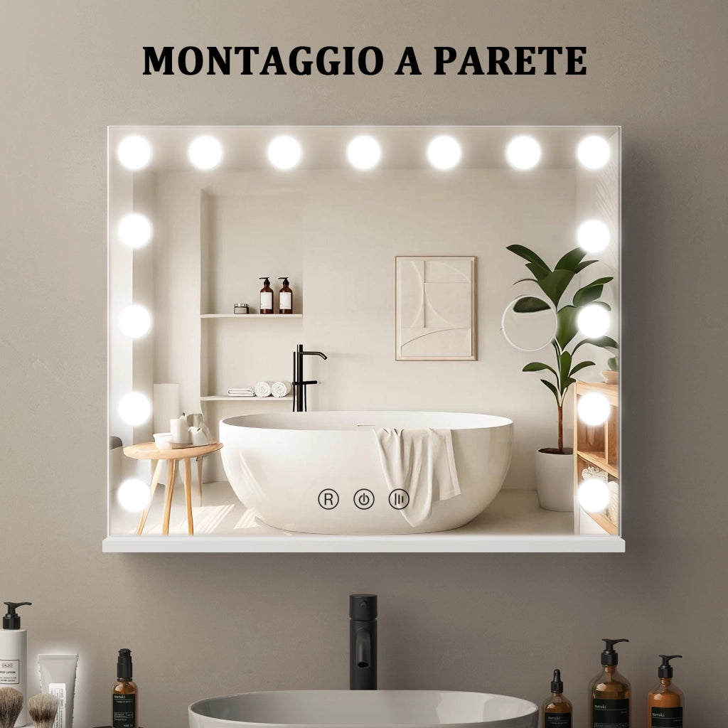 Specchio per il trucco con luce,15 lampadine LED,3 modalit¨¤ di luce, intensit¨¤ regolabile,controllo touch,porta USB/tipo C,58 x 46 x 3 cm,