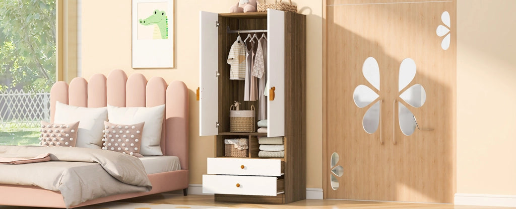 Armadio Singolo 70x50x170 cm con 2 Cassetti, Maniglie Cartoon e Piccole Mensole, Colore Legno