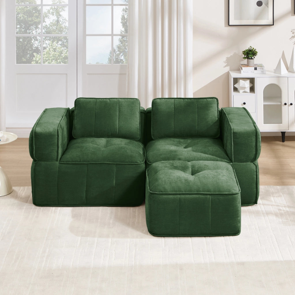 Divano modulare angolare a 2 posti con pouf, schiuma alta densità 32D, tessuto in poliestere verde, senza struttura