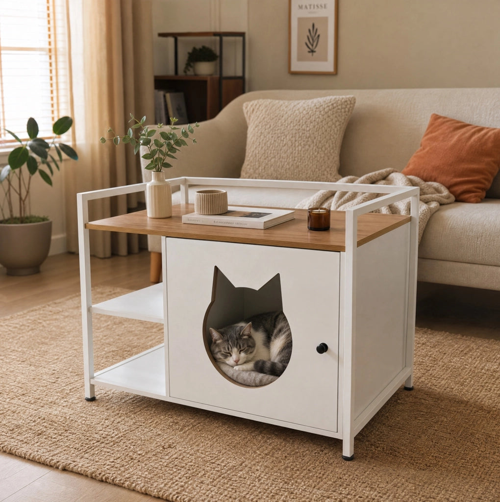 Mobile per lettiera gatto bianco e rovere chiaro in MDF e metallo, con 2 ripiani