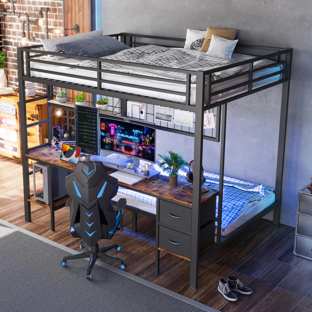 Letto a soppalco 140x200 cm con scrivania, cassetti, ripiani e LED USB, struttura in metallo nero