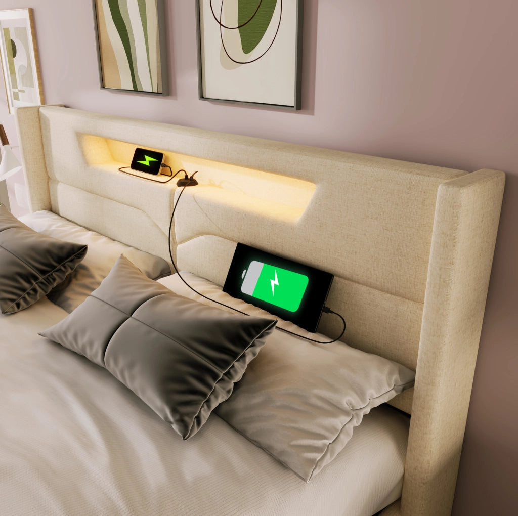 Letto contenitore 140x200 beige in lino con LED, USB e Type-C