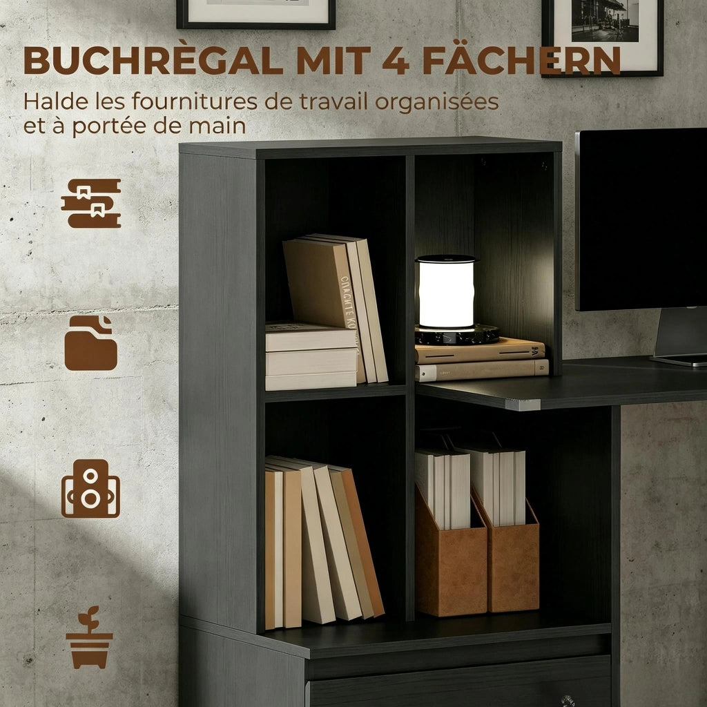 Scrivania dritta con libreria a 4 vani e cassetto con serratura; piano 100 × 50 cm; nera 126 × 50 × 109 cm