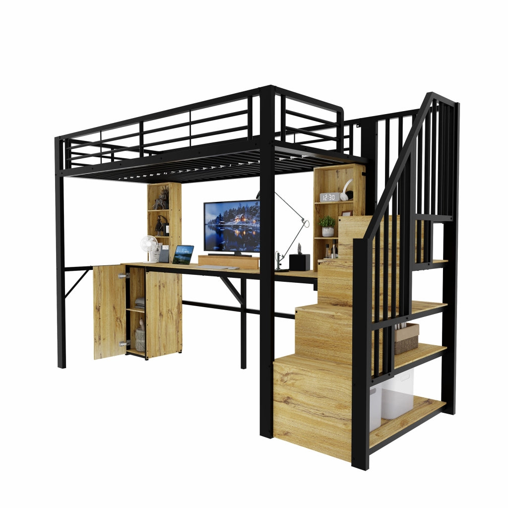 Letto a soppalco 90 × 200 cm in metallo e MDF nero con scrivania armadio scala contenitore e USB