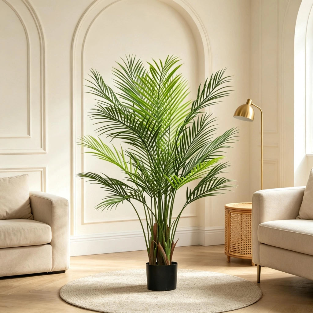 Palma artificiale areca con 22 foglie in plastica verde vaso in tessuto con base in cemento altezza 120 cm