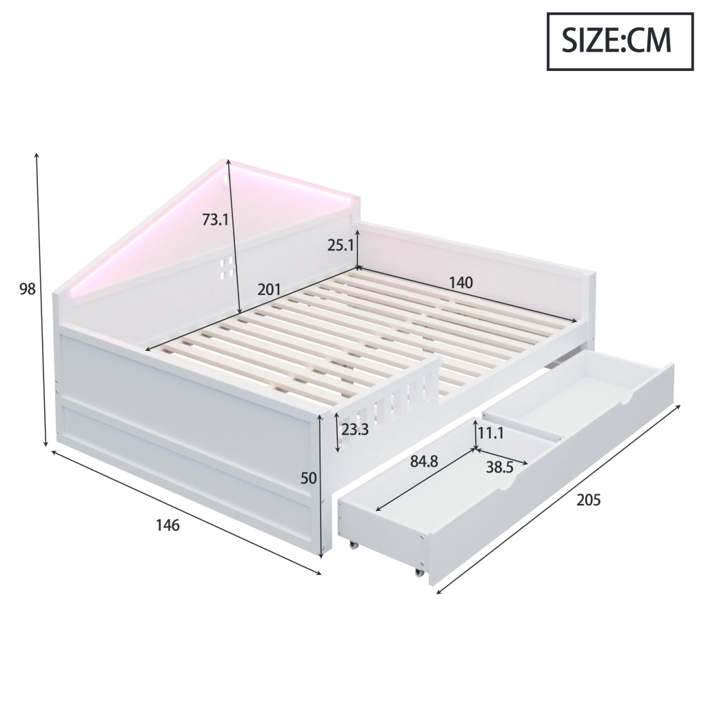 Letto singolo con LED e cassetti, 140x200 cm, bianco