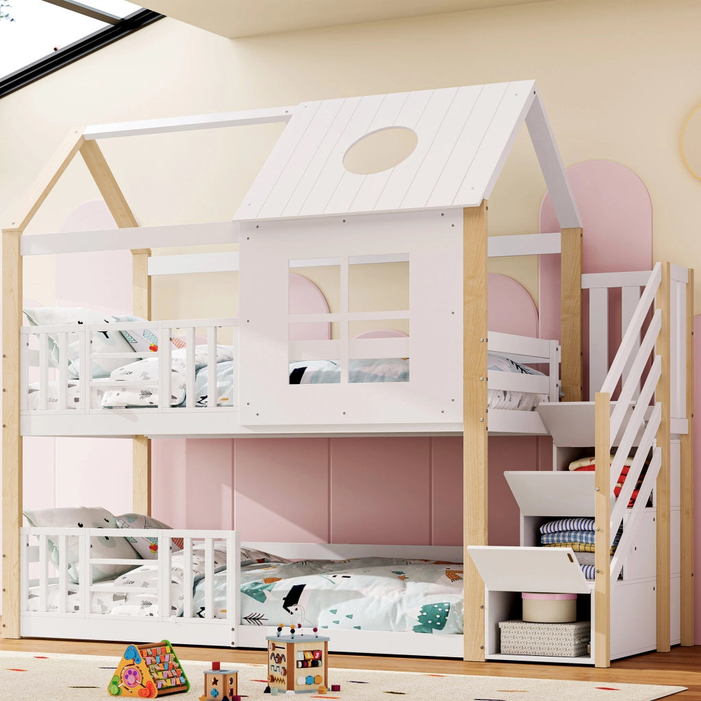 OKWISH Letto a Castello 90×200 cm, Letto Singolo con Scala Contenitore, Sponde e Design a Casetta, senza Materasso, Bianco Naturale
