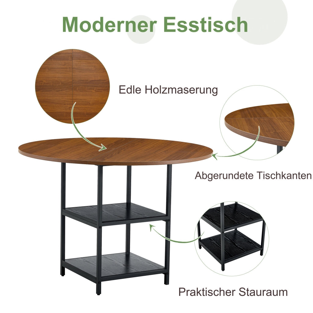 Tavolo da pranzo rotondo Ø107 cm con 2 ripiani in MDF e metallo; nero e noce