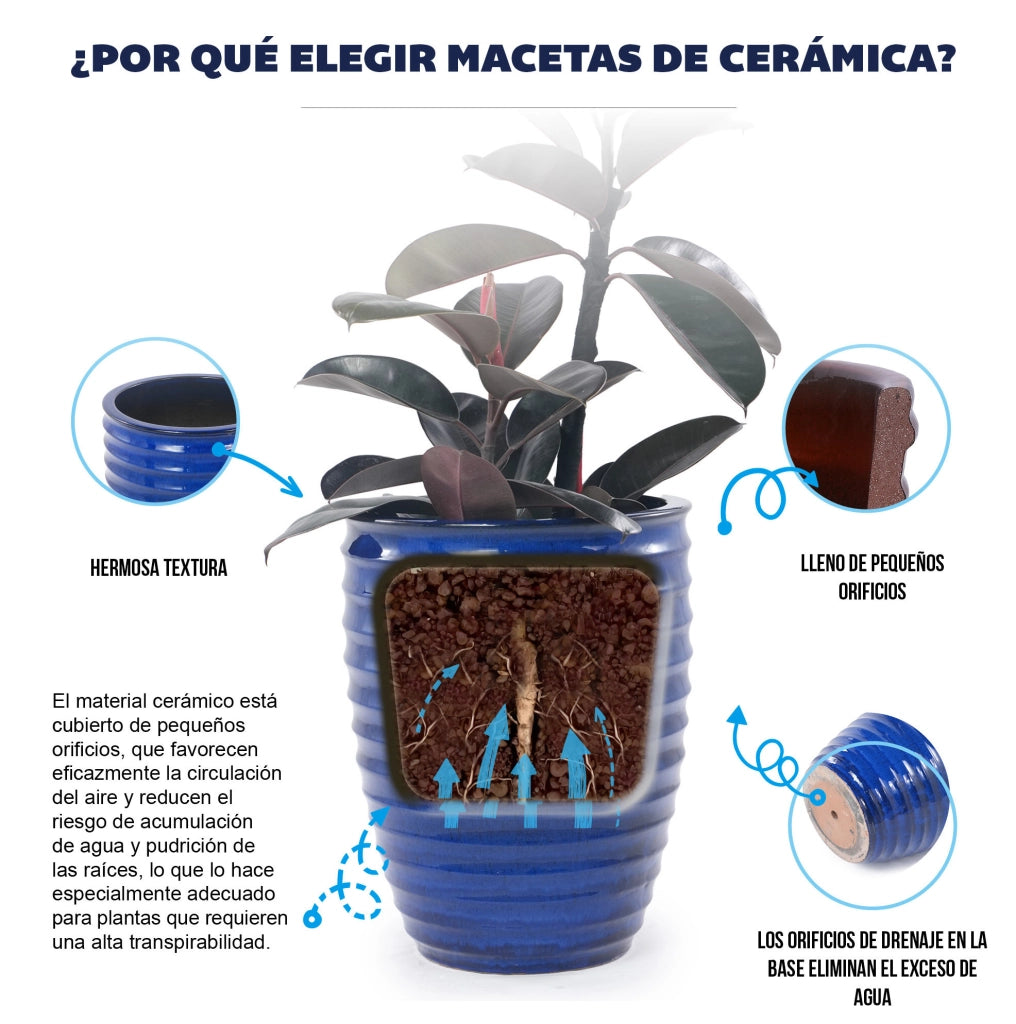 Grande Vaso da Fioriera in Ceramica Artigianale, Ø 42 cm × 54 cm, Blu Reale Lucido con Texture a Righe, Traspirante e Resistente al Gelo con Fori di Drenaggio