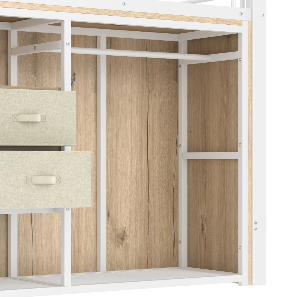 Letto a soppalco 90 × 200 cm con 2 cassetti armadio aperto LED multicolore in metallo e MDF bianco
