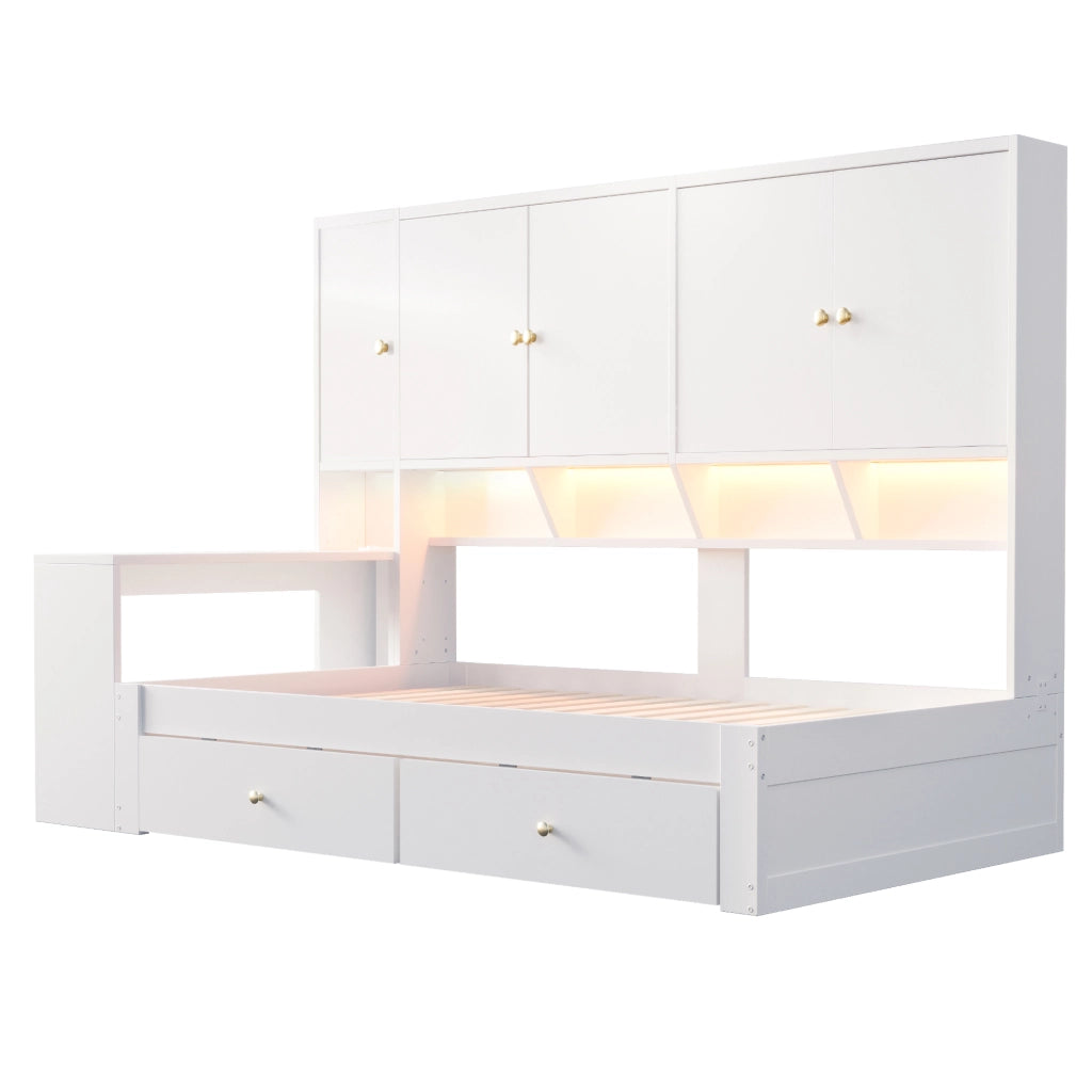 Letto con cassetti 90 × 200 cm con scrivania integrata armadi ripiani LED prese rete a doghe struttura in MDF bianco