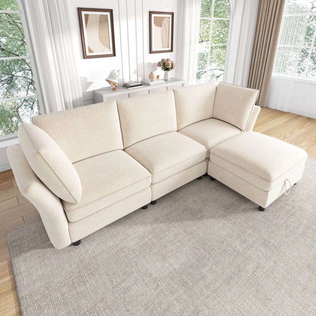 Divano angolare modulare 4 posti con pouf contenitore in ciniglia beige HOMVRA