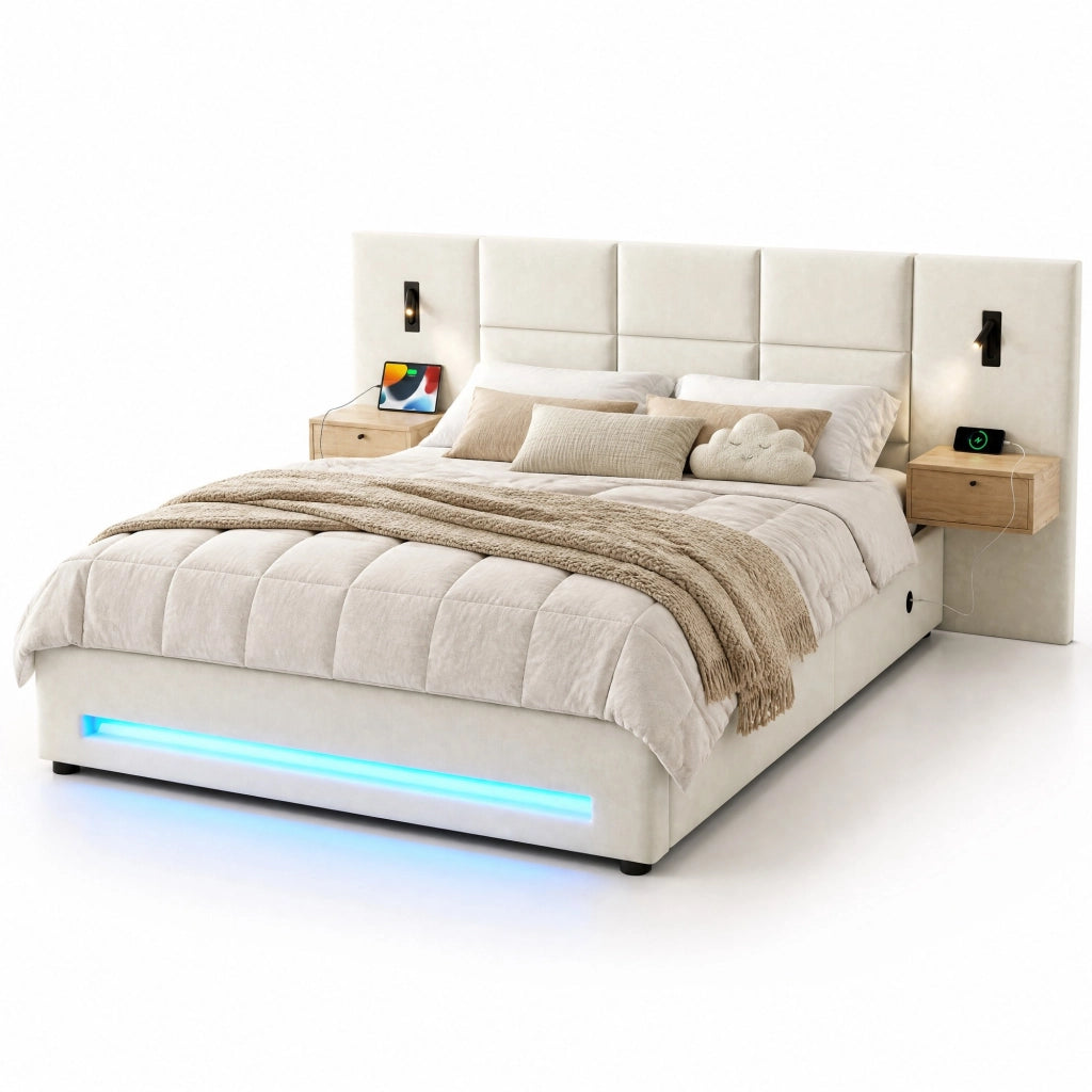 Letto contenitore 180 × 200 cm con testiera in velluto; cassetti; LED; USB-C e rete a 12 doghe in acciaio beige