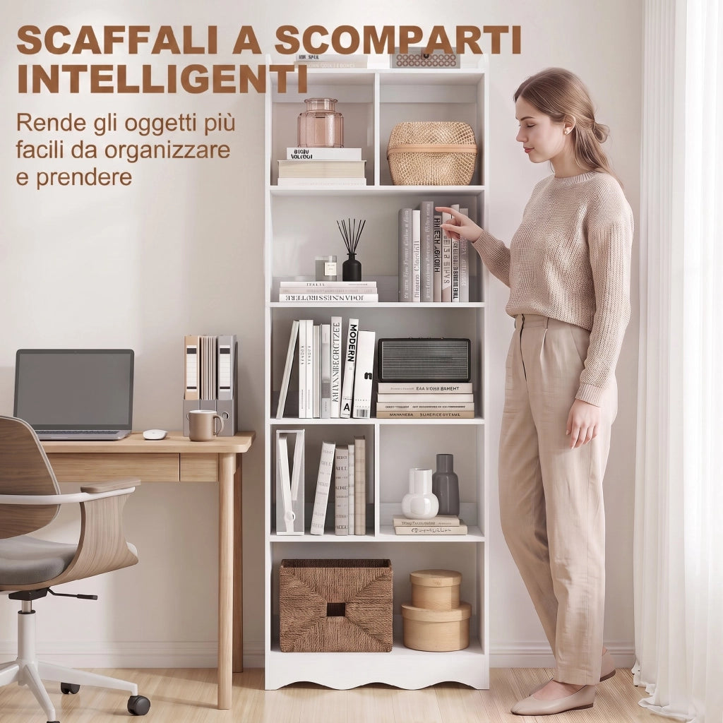 Libreria bianca a 6 ripiani aperti in pannello truciolare melaminico; verticale salvaspazio per soggiorno e studio