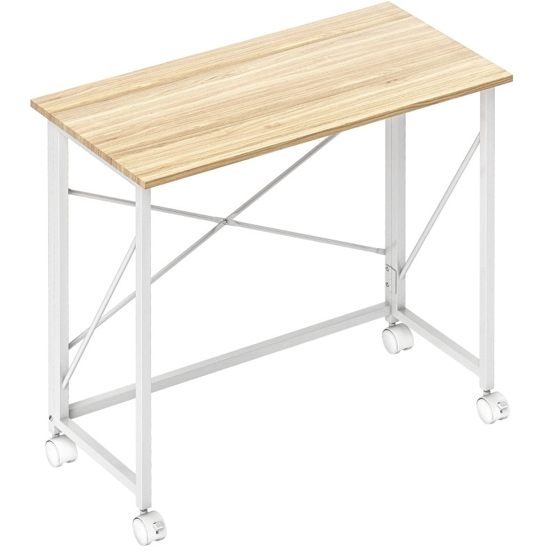 Scrivania pieghevole con ruote in acciaio e MDF, salvaspazio, 80x40x75 cm, color naturale