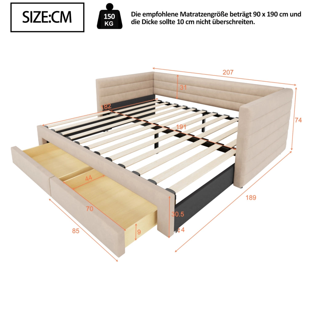 Divano letto beige 207x189x74 cm in cotone e lino con 2 cassetti, senza materasso