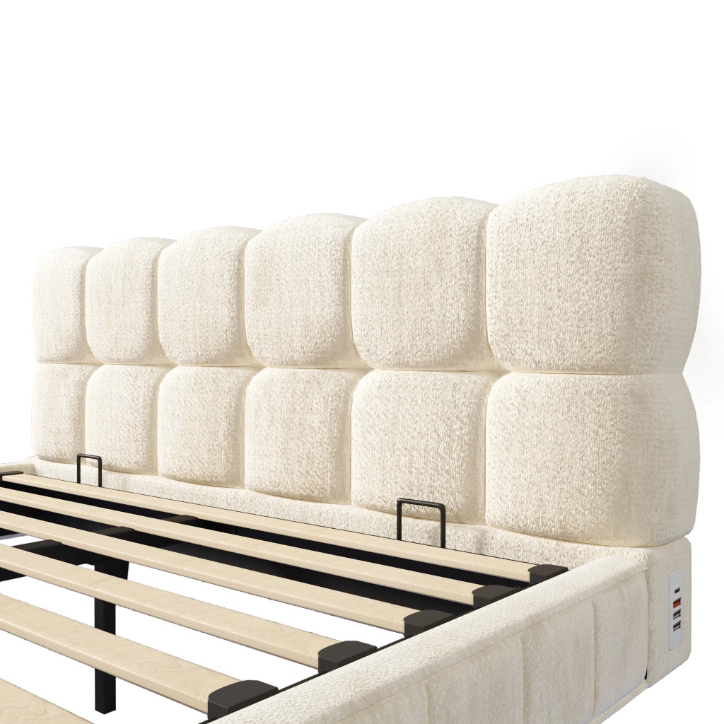 Desviae Letto matrimoniale 140 × 200 cm con contenitore LED e ricarica USB Tipo-C in chenille beige con rete a doghe