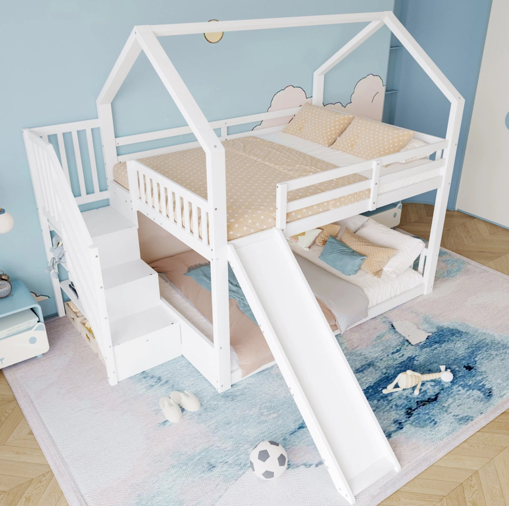 LETTO a castello 140x200 cm con scivolo, scala contenitore, bianco