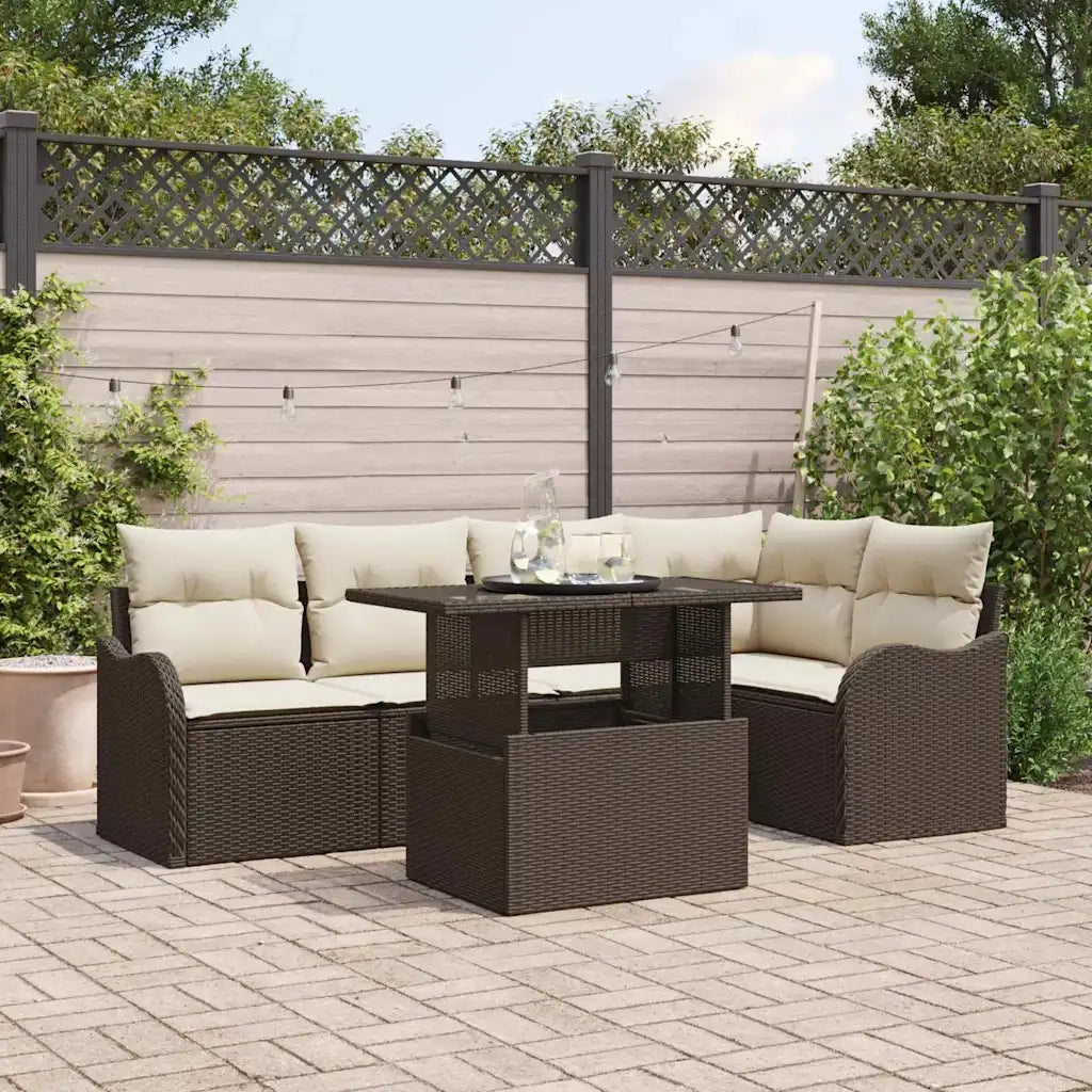 Set da pranzo con cuscino 6 pcs Marrone Poly Rattan