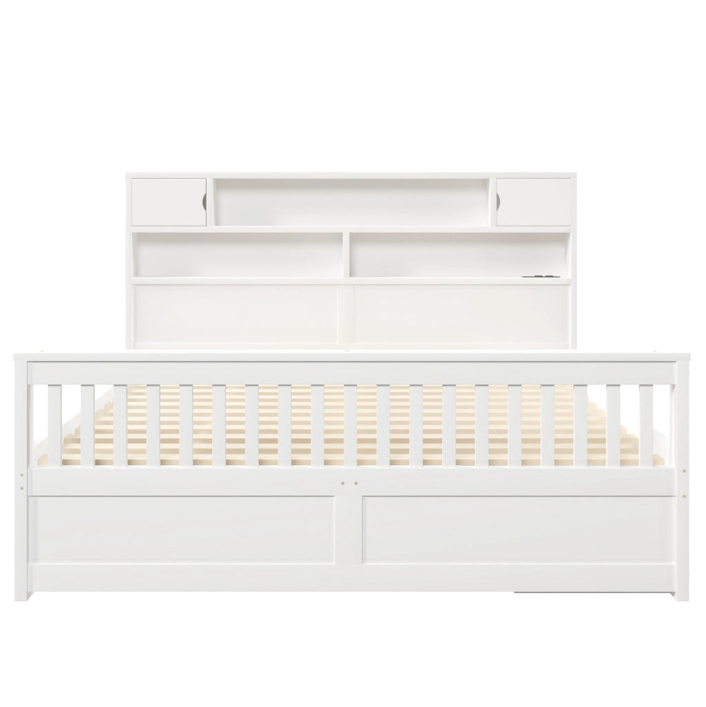 Letto 180x200 cm con testiera libreria, LED regolabile, USB e 4 cassetti in MDF bianco