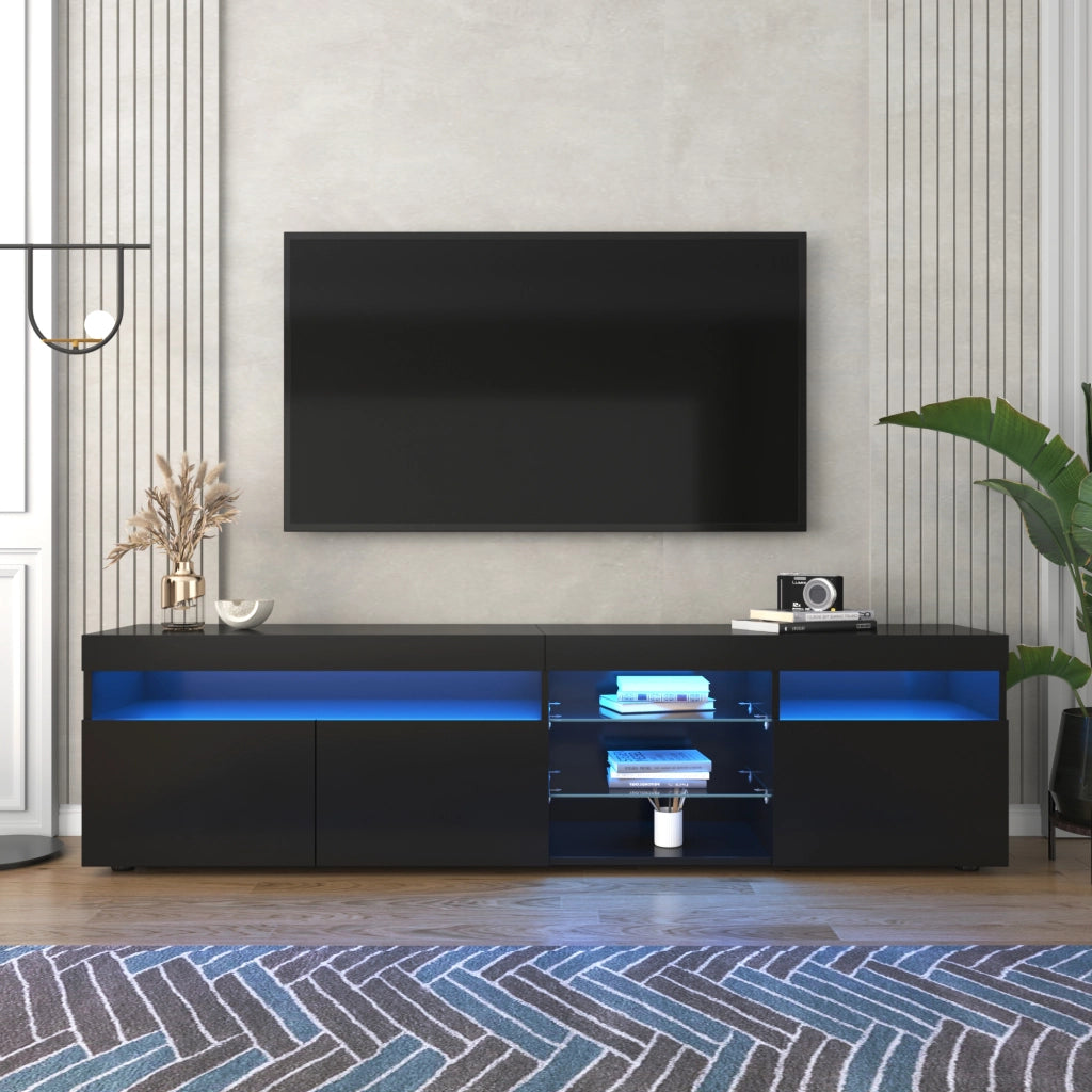 Mobile TV con 3 ante LED a colori variabili e 4 modalità in MDF nero lucido con laminato in vetro per soggiorno