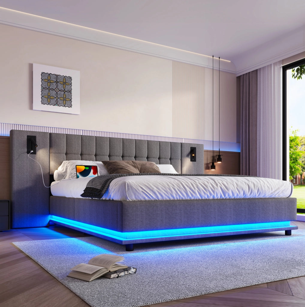 LETTO Imbottito 180x200 cm Grigio con LED, USB e spot, senza materasso