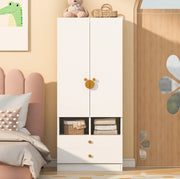 Armadio singolo bianco 70×50×170 cm con due cassetti, maniglie cartoon e piccoli vani portaoggetti