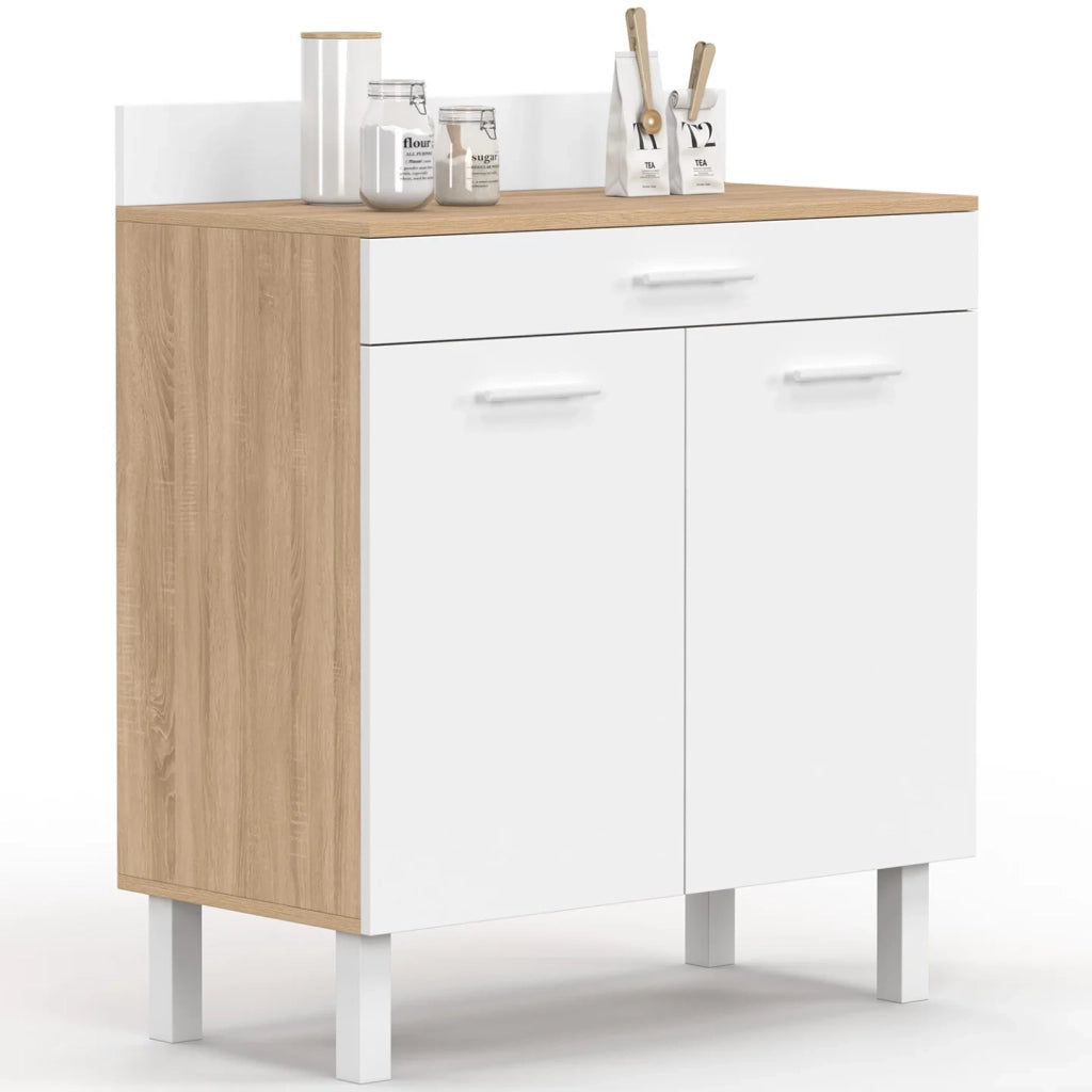 IDMarket - Cassettiera bassa CINA 80 cm con piano di lavoro H.83 cm, 2 ante + cassetto, finitura faggio e bianco