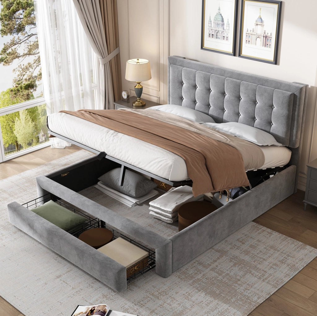 Letto imbottito con contenitore e cassetti in velluto grigio