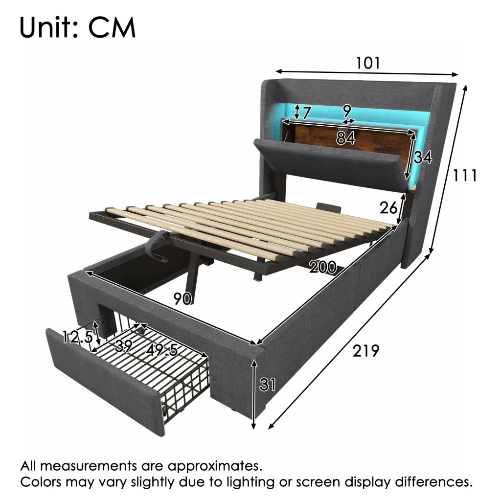 Letto contenitore singolo 90 × 200 cm con cassetto; LED regolabile; USB e porta tipo C; con materasso; grigio