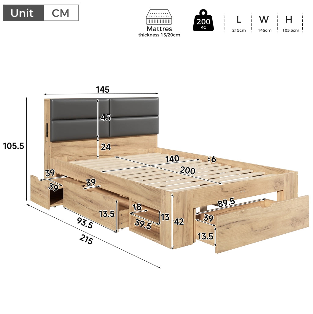 Letto ULEVR 140x200 cm con cassetti, vani estraibili, luce notturna LED, USB e USB-C, naturale
