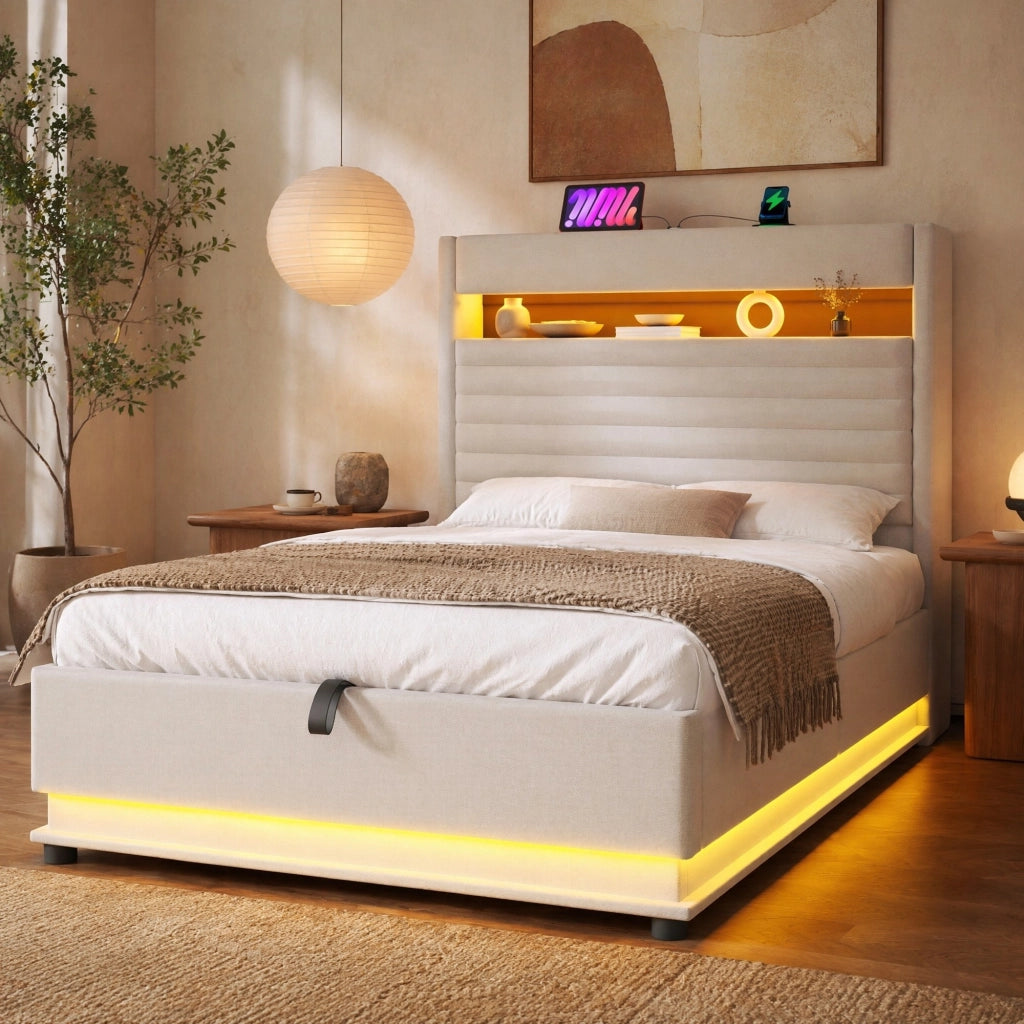 Letto imbottito 90x200 cm con contenitore idraulico, LED e porte USB/Type-C, beige