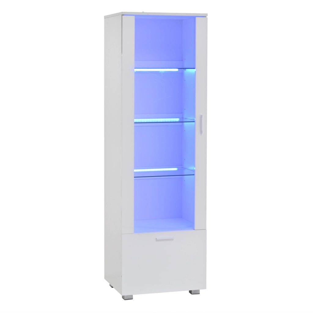 Vetrina bianca lucida 50x40x160 cm con porta in acrilico, ripiani in vetro temperato e illuminazione LED regolabile