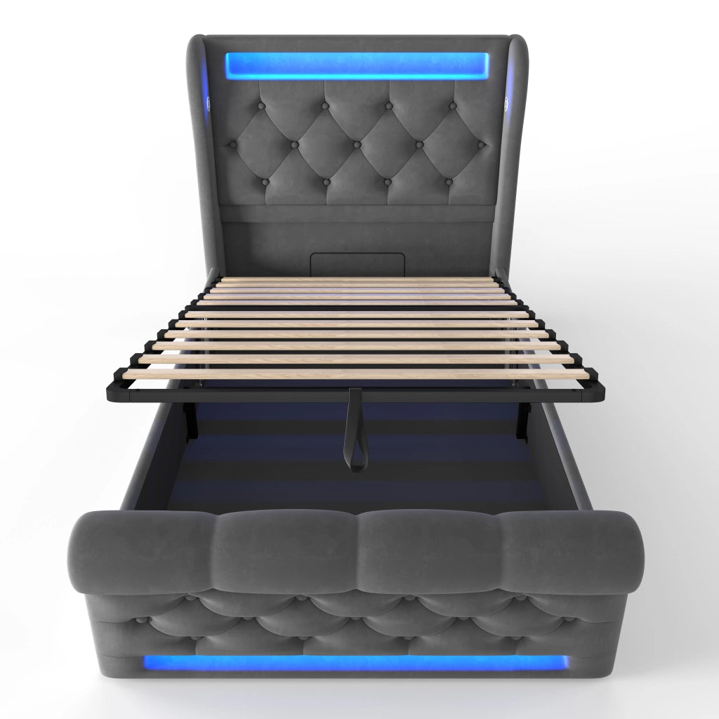 Letto singolo con contenitore 90 × 200 cm con LED USB e Type-C rivestito in velluto grigio con materasso