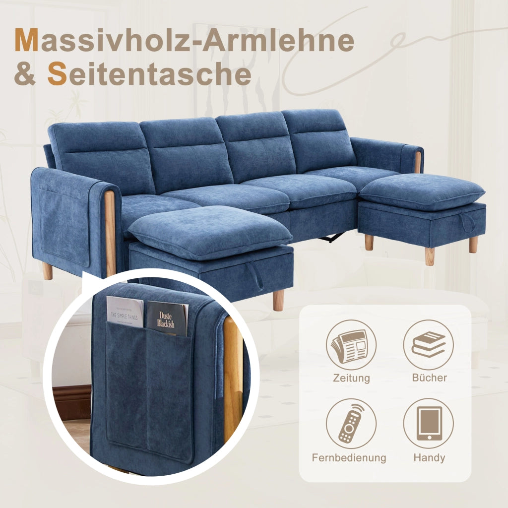 Divano panoramico modulare a 4 posti in ciniglia blu con due pouf contenitore e gambe in legno per soggiorno