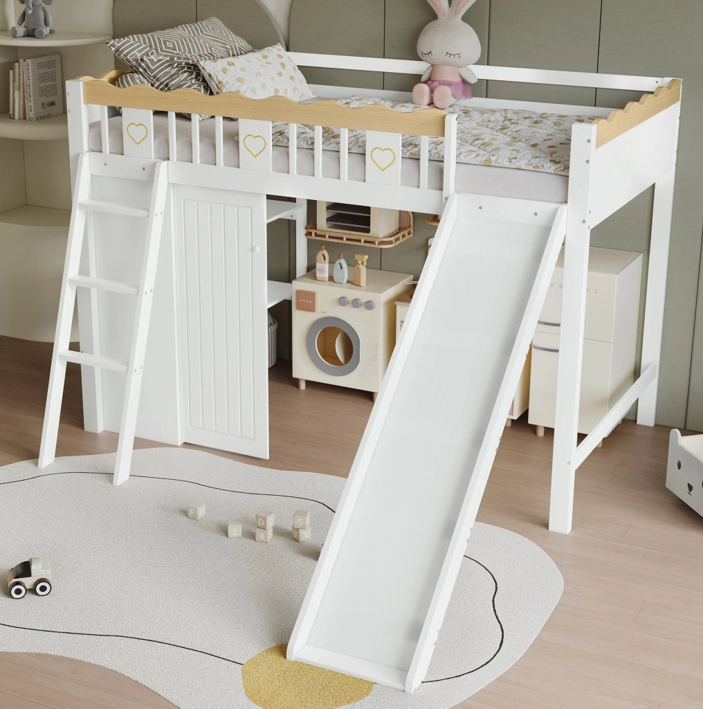 Letto a soppalco per bambini 90x200 cm con scivolo, armadio e ripiano bianco/naturale