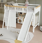 Letto a soppalco per bambini 90x200 cm con scivolo, armadio e ripiano bianco/naturale