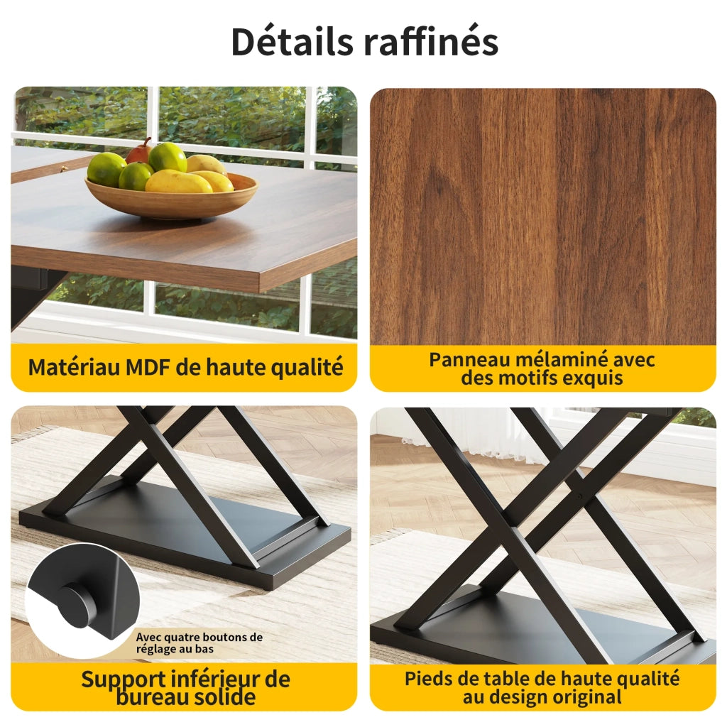 Tavolo da pranzo allungabile telescopico 120-160x80 cm, colore noce, gambe in ferro nero incrociate, salvaspazio per cucina e soggiorno