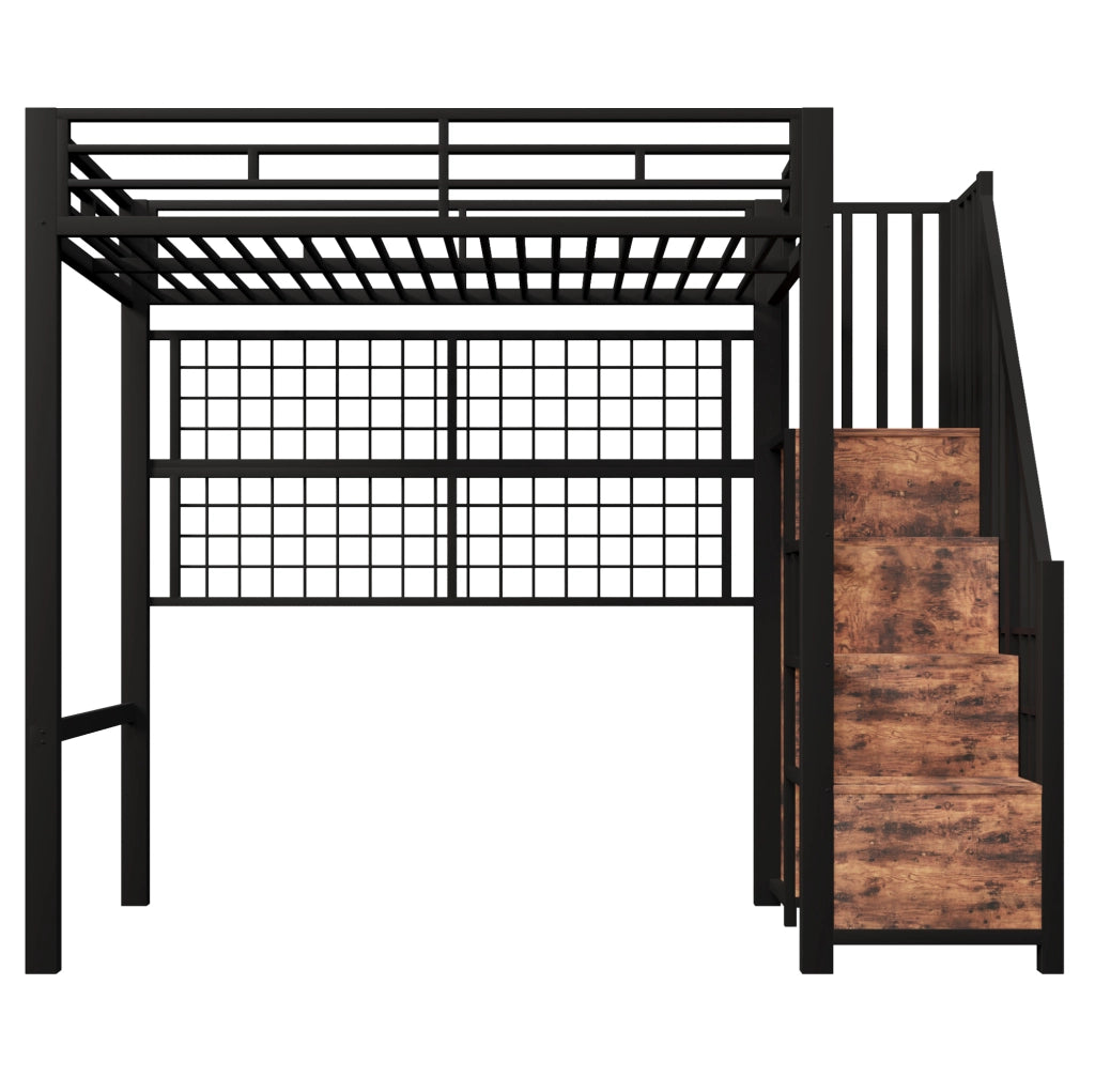 Letto a soppalco 90x200 cm in metallo e MDF nero con appendiabiti e LED