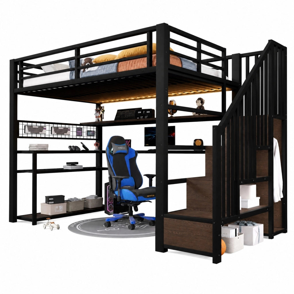 Letto a soppalco 90 × 200 cm con scrivania armadio LED RGB scala contenitore in metallo e MDF nero