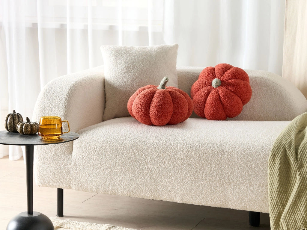 	Set 2 cuscini di peluche a forma di zucca in tessuto bouclé arancione âŒ€ 28 cm decorazione accessorio di halloween